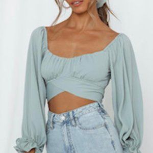 Beginning Boutique -Pistachio Ruched, On/Off Shoulder Long Sleeve Crop, Size 12